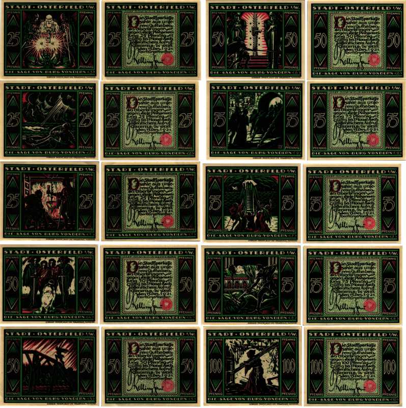ОСТЕРФЕЛЬД НАБОР ИЗ 10 БАНКНОТ (3 ПО 25 ПФЕННИГОВ, 3 ПО 50 ПФЕННИГОВ, 3 ПО 75 ПФЕННИГОВ, 100 ПФЕННИГОВ) 1921 15 ДЕКАБРЯ 1921, НОТГЕЛЬД, ЗЕМЛЯ СЕВЕРНЫЙ РЕЙН-ВЕСТФАЛИЯ Keller 1033.2 бумага 6318-24-2-1