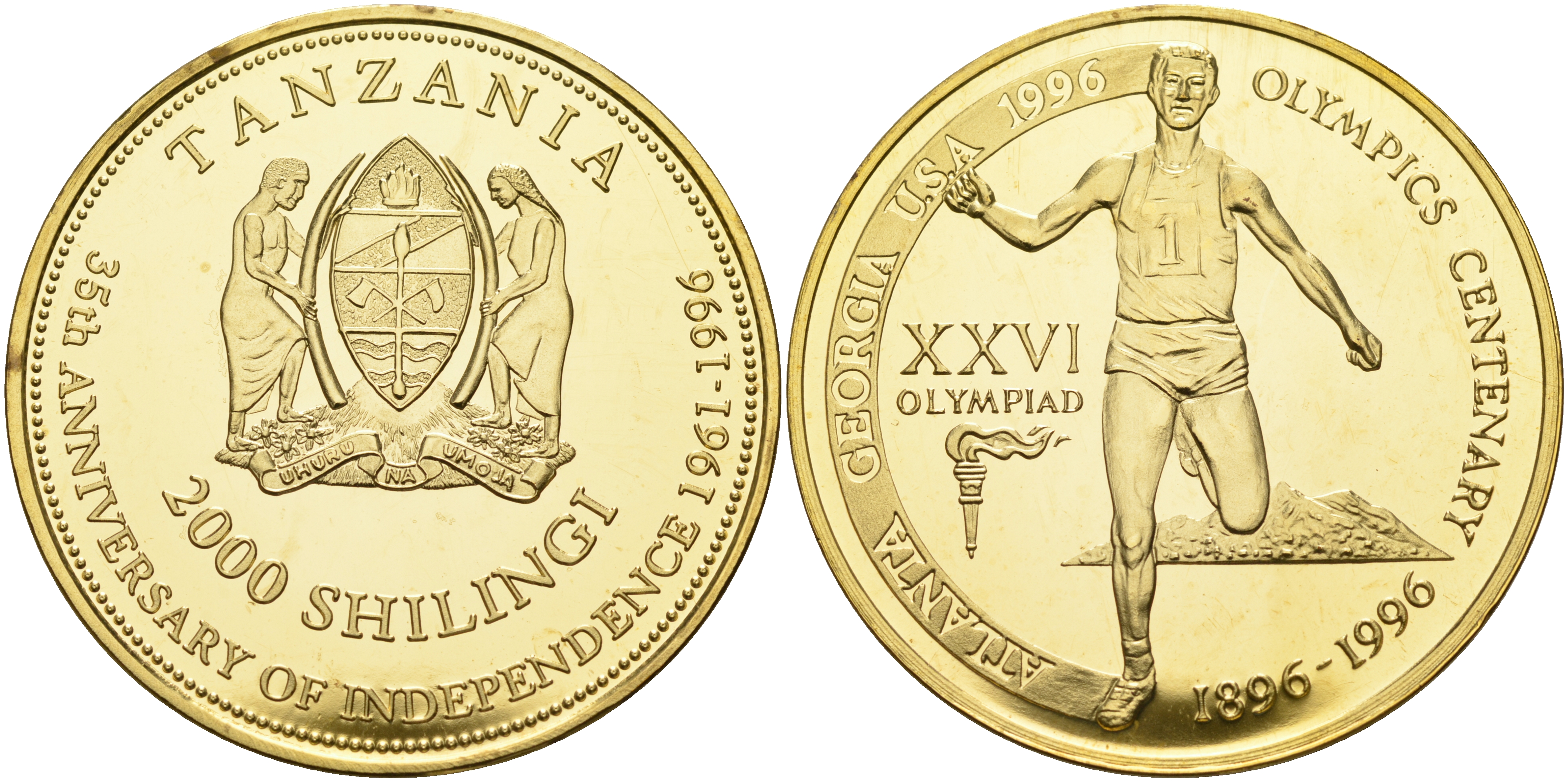 Танзания 2000 шиллингов 1996 XXVI Олимпийские игры 1996 года в Атланте, 100 лет Олимпийскому движению, финиш пробник, гладкий гурт латунь PROOF 06-156-24