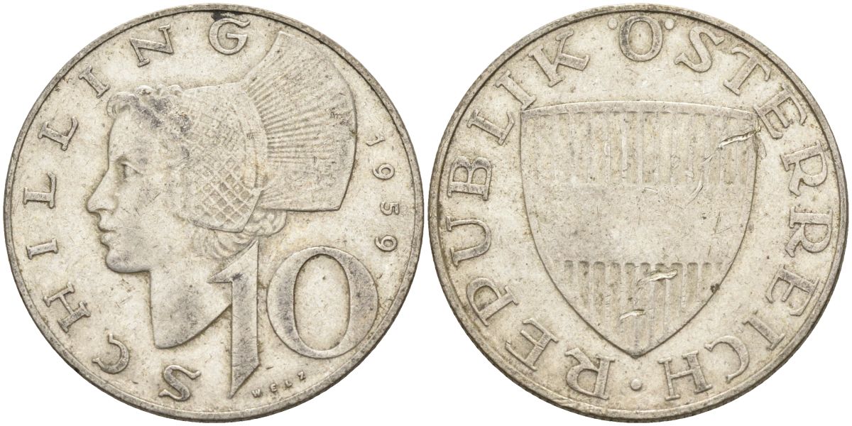 Австрия 10 шиллингов 1959 KM 2882 серебро 4126-346