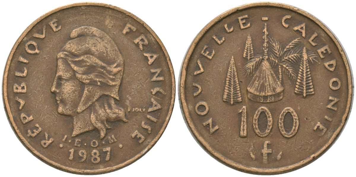 Французская Новая Каледония 100 франков 1987 хижина среди сосен и пальм, (IEOM) KM 15, Schoen 16, Lec 135 никель латунь 4137-934