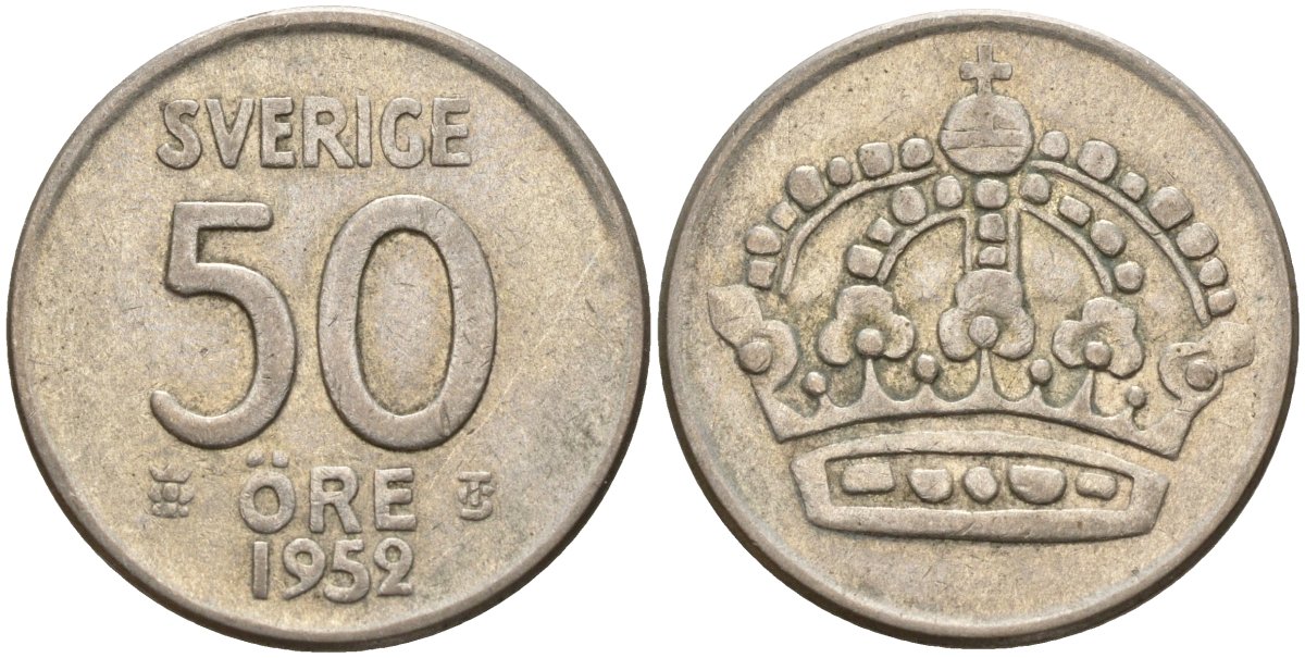 Швеция 50 эре 1952 TS, Густав VI Адольф (1950-1973) KM 825 серебро 4148-946