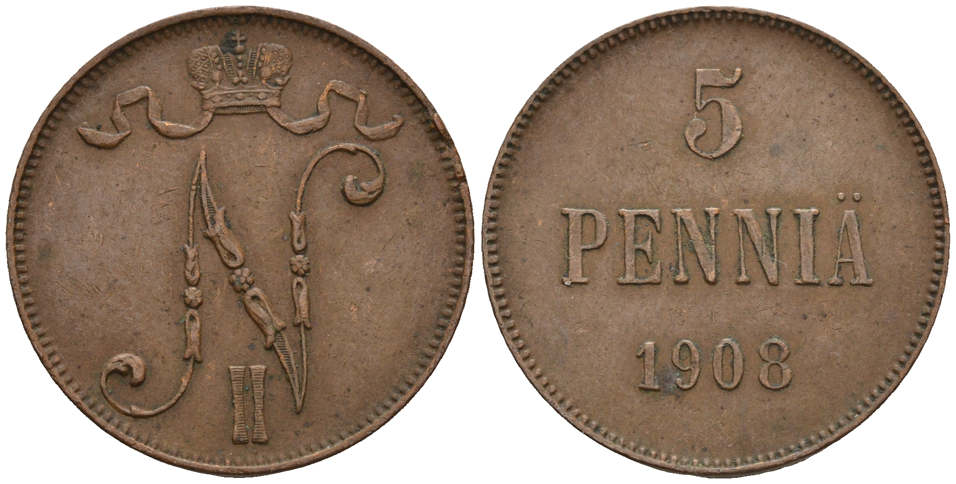 Россия для Финляндии 5 пенни 1908 Николай II (1894-1917) KM 15, Биткин 449 медь 259-1154