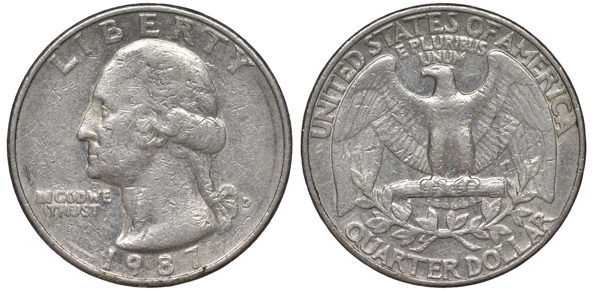 США 25 центов = квотер 1987 D, Вашингтон KM A164a медь плакированная медно-никелем 4543-552