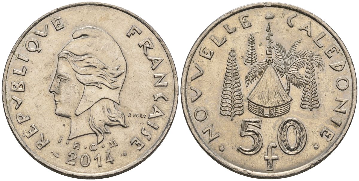 Французская Новая Каледония 50 франков 2014 хижина среди сосен и пальм, (IEOM) KM 13a, Schoen 15a, Lec 128i медно-никель 4111-1132