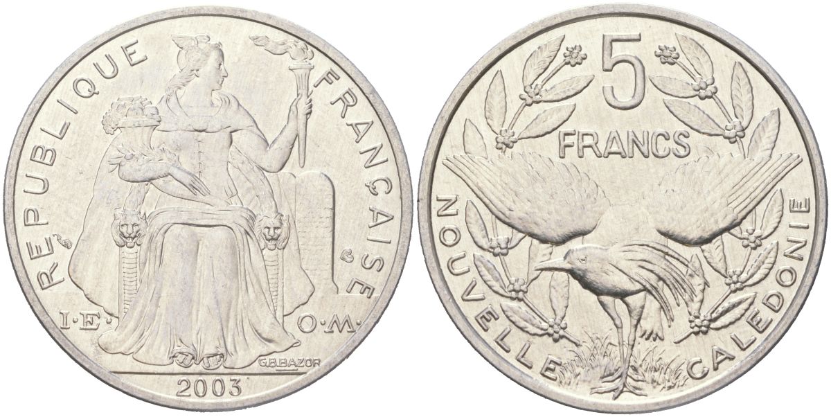 Новая Каледония 5 франков 2003 KM 16 алюминий UNC 4367-521