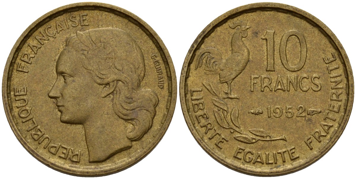 Франция 10 франков 1952 B, петух KM 915.2, Le Franc 363.5 алюминиевая бронза 4159-923
