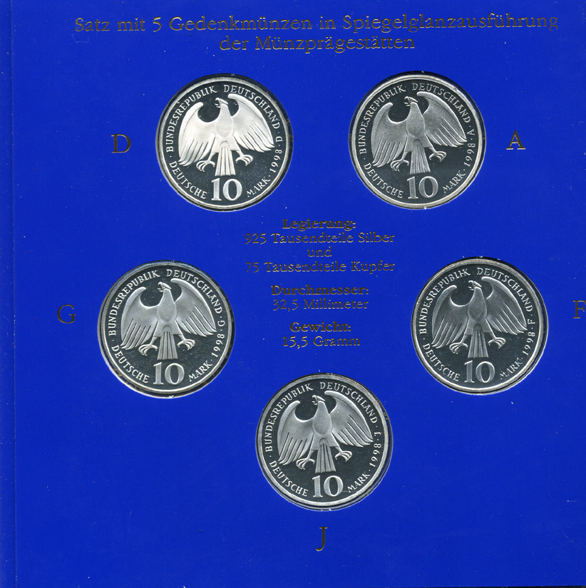 ФРГ набор из 5 штук по 10 марок 1998 A, D, F, G, J, 350 лет Вестфальскому мирному договору серебро PROOF 6-5-2-3