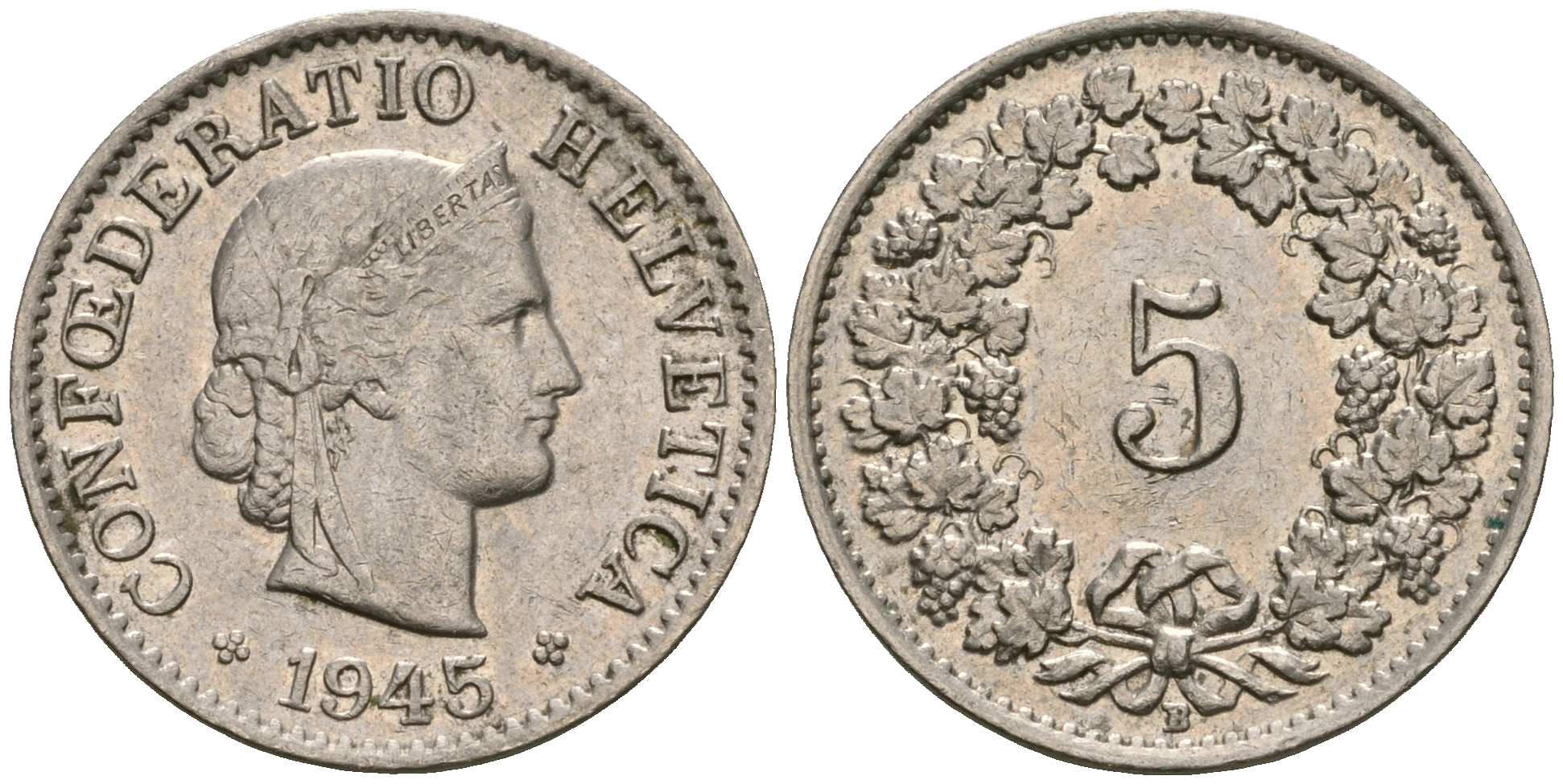 Швейцария 5 раппенов 1945 В KM 26 медно-никель 4608-1039