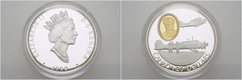 Канада 20 долларов 1990 самолеты Энсон и Гарвард, маршал Роберт Леки KM 173 серебро, позолота PROOF 1077-6-34