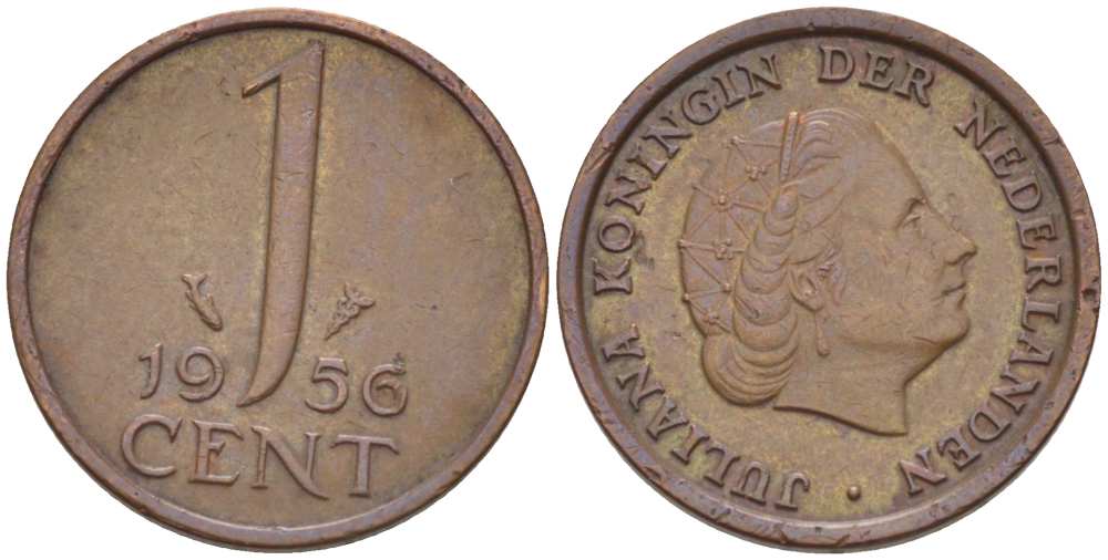 НИДЕРЛАНДЫ 1 ЦЕНТ 1956 КОРОЛЕВА ЮЛИАНА KM 180 бронза 3955-117
