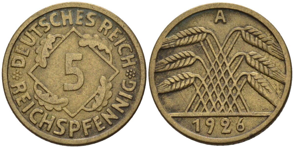 Германия 5 рейхспфеннигов 1926 A KM 39, J. 316 алюминиевая бронза 4151-728