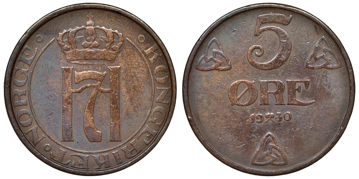 Норвегия 5 эре 1930 Хокон VII (1905-1957) KM 368 бронза    4116-724