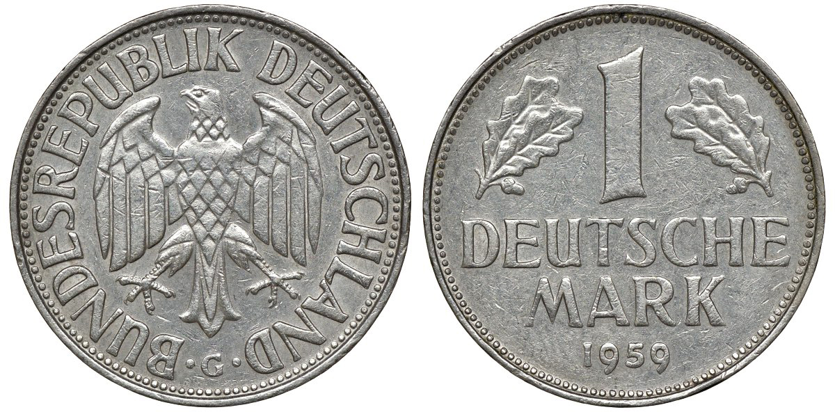 ФРГ 1 МАРКА 1959 G J 385, KM 110 медно-никель 72-654