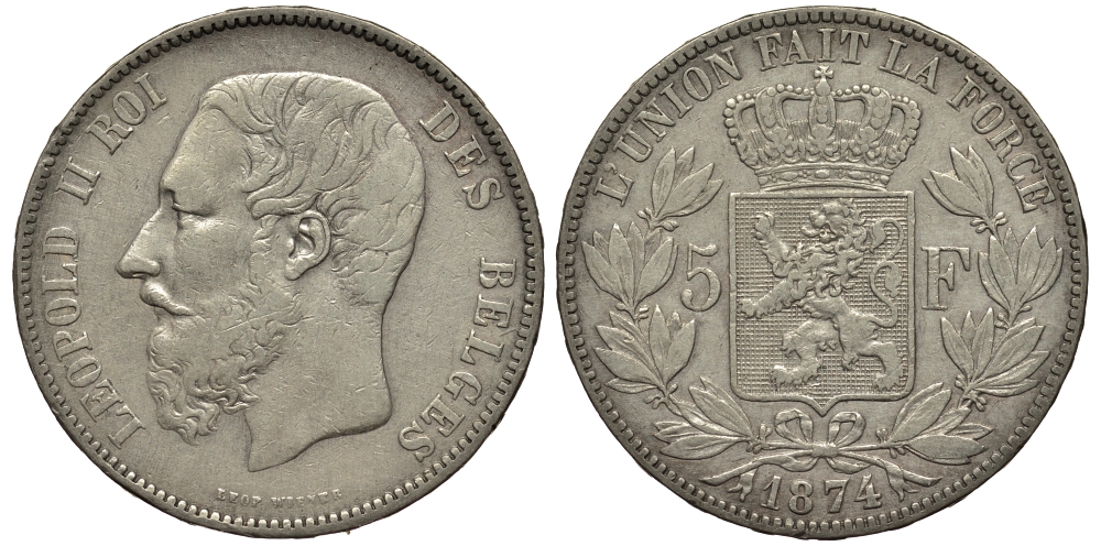 Бельгия 5 франков 1874 Леопольд II (1865-1909) KM 24 серебро    1530-944