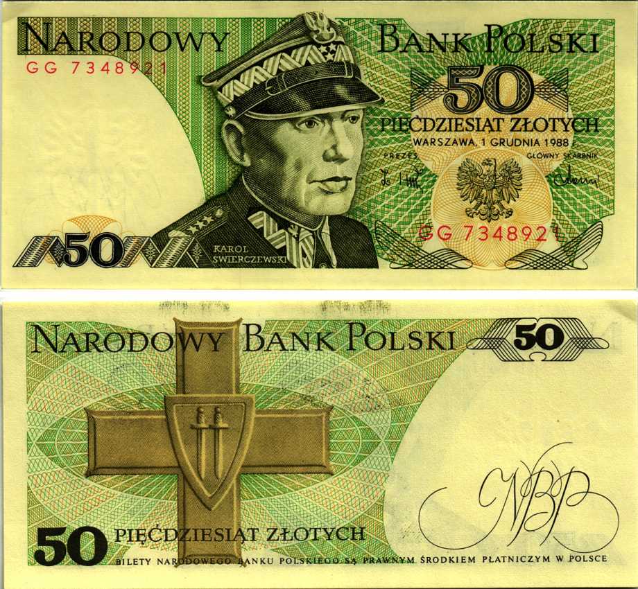 Польша 50 злотых 1988 Кароль Сверчевский, знак Грюнвальдского ордена Pick 142 c бумага аUNC 8607-72-3-1