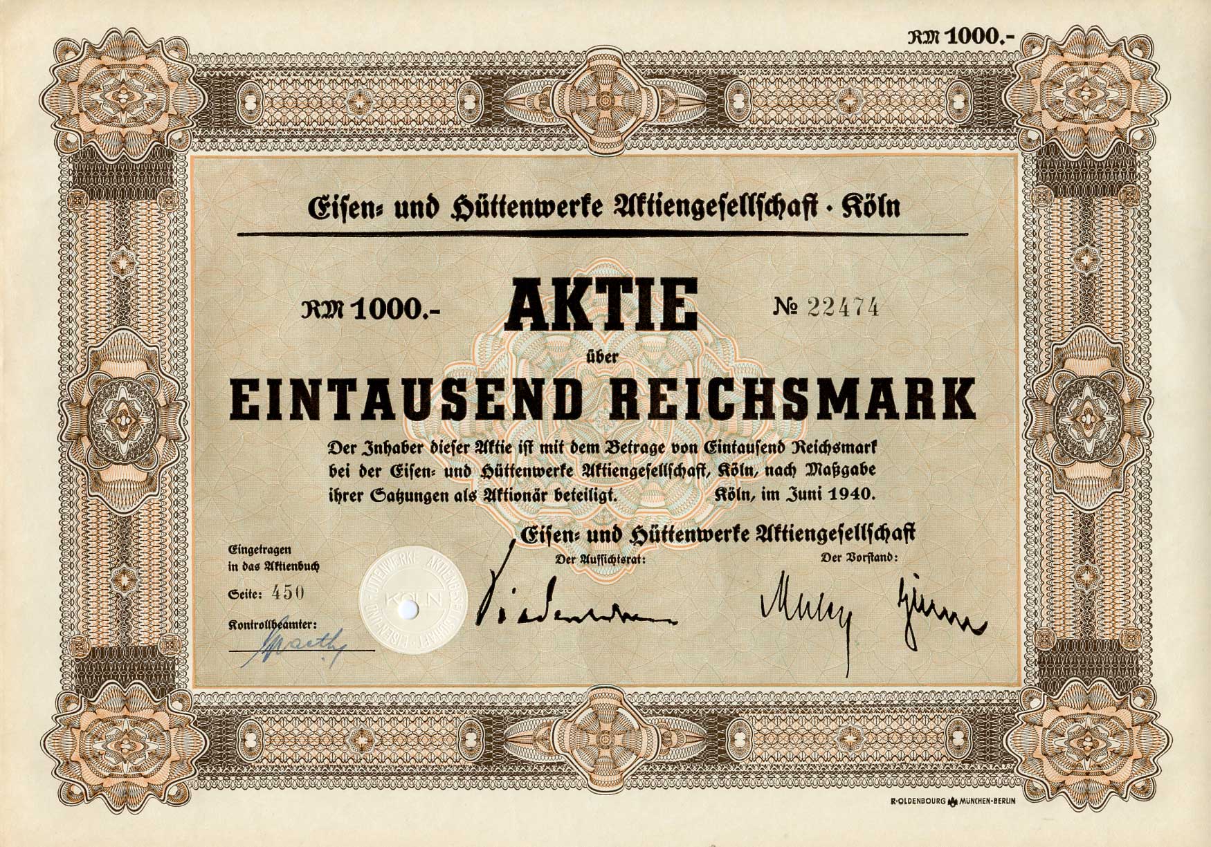 Германия 1000 рейхсмарок 1940 Акционерное общество металлургических и металлургических заводов, Кельн, акция   бумага   8803-62-1