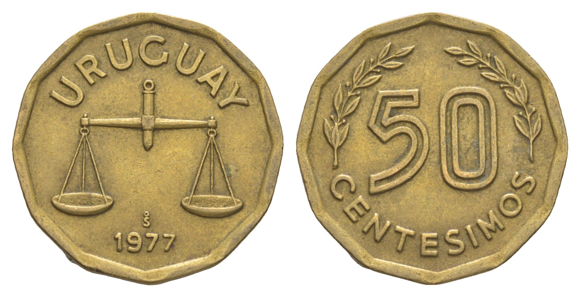 Уругвай 50 сентесимо 1977 KM 68 алюминиевая бронза 4637-1213