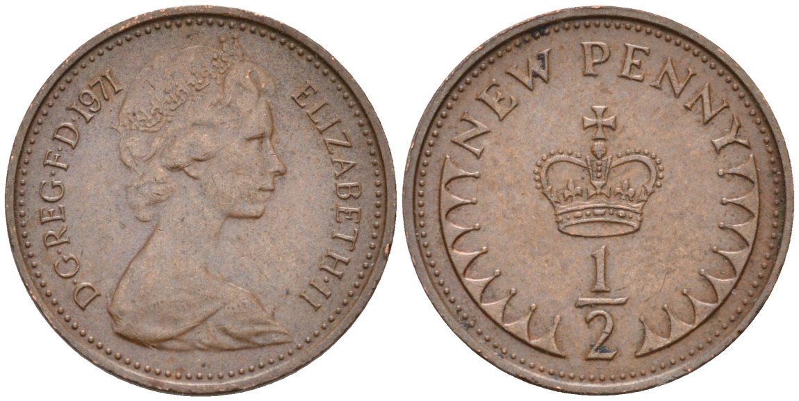 Великобритания 1/2 пенни 1971 Елизавета II (1952-2022) KM 914, Spink 4239 бронза 26-743