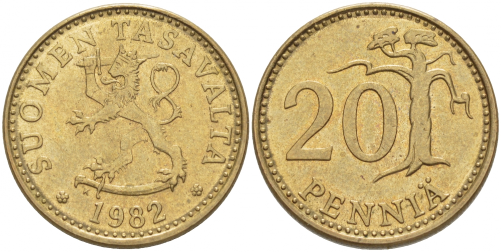 ФИНЛЯНДИЯ 20 ПЕННИ 1982 K KM 47 алюминиевая бронза 3718-517