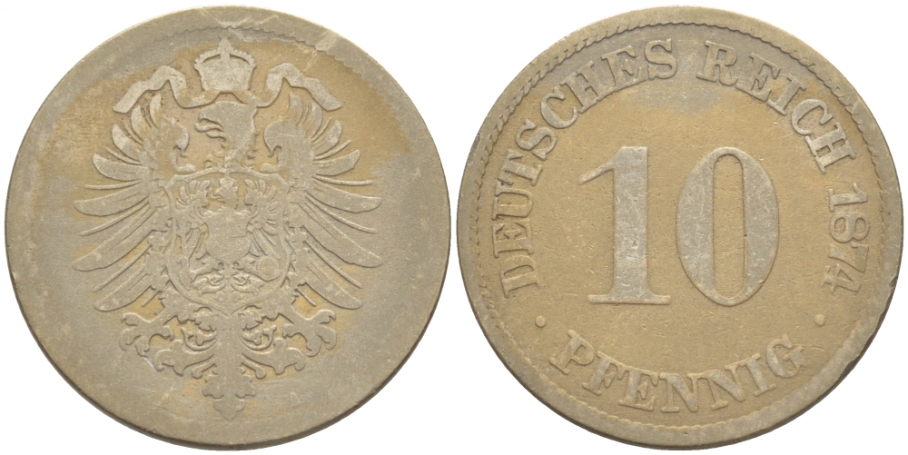 ГЕРМАНИЯ 10 ПФЕННИГОВ 1874 A, СТАРОГЕРБОВКА, KM 4, J. 4 медно-никель 3996-1161