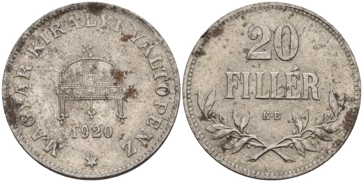Венгрия 20 филлеров 1920 КВ, Карл I (1916-1918), редкий год KM 498 железо 4151-1036