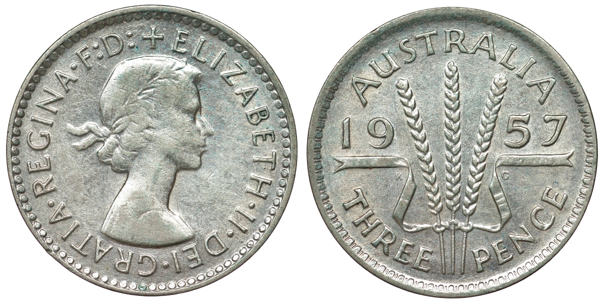 Австралия 3 пенса 1957 m, Елизавета II (1953-) KM 57 серебро 71-528