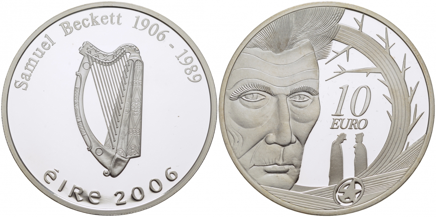 Ирландия 10 евро 2006 100 лет со дня рождения Сэмюэля Беккета, писатель, драматург, нобелевский лауреат KM 45 серебро PROOF 01-182-42