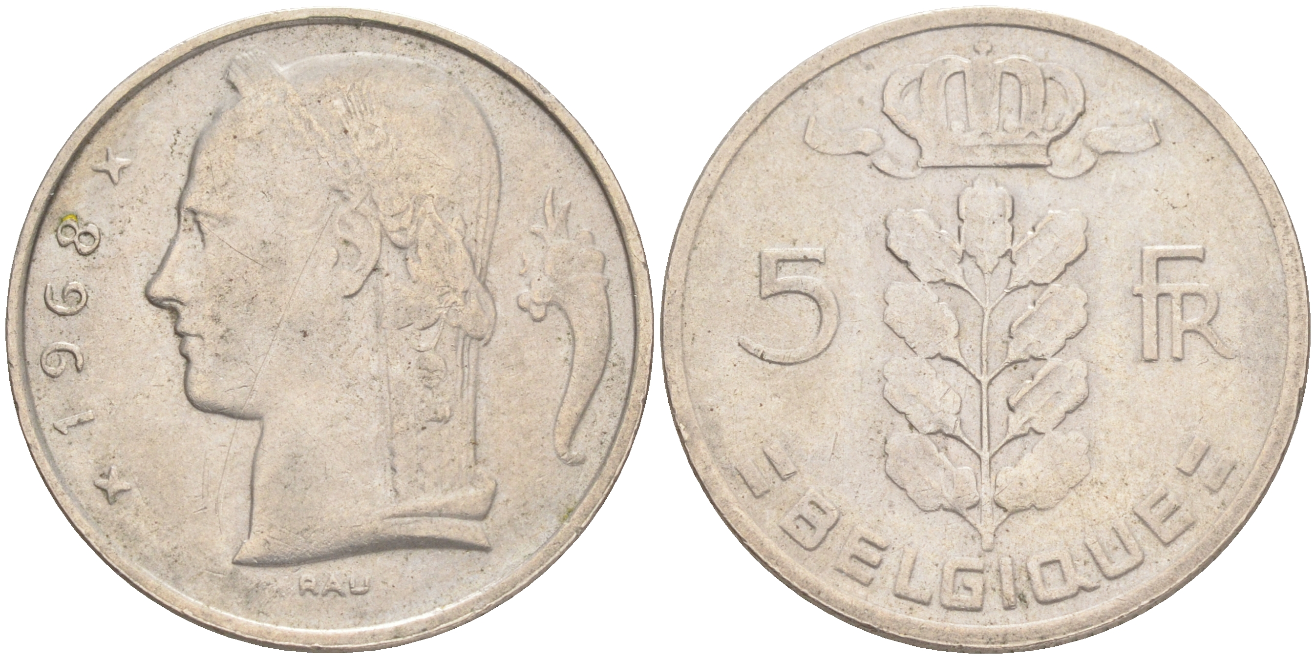БЕЛЬГИЯ 5 ФРАНКОВ 1968 BELGIQUE KM 134.1 медно-никель 4556-425