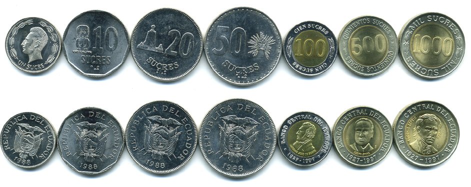 ЭКВАДОР НАБОР ИЗ 7 МОНЕТ 1988-1997 3 МОНЕТЫ БИМЕТАЛЛ UNC N2-66