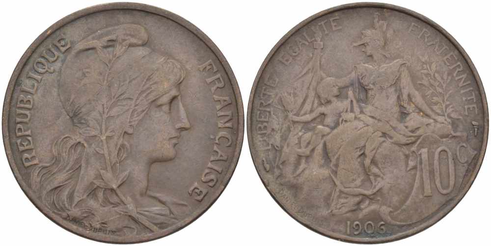 ФРАНЦИЯ 10 САНТИМОВ 1906 ТИП ДАНИЭЛЬ ДЮПЮИ KM 843, LA FRANC 136.16 бронза 109-225
