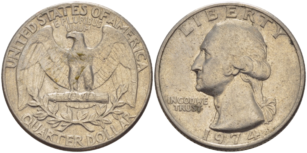 США 25 центов (квотер) 1974 Вашингтон KM 164a медь плакированная медно-никелем 31-727