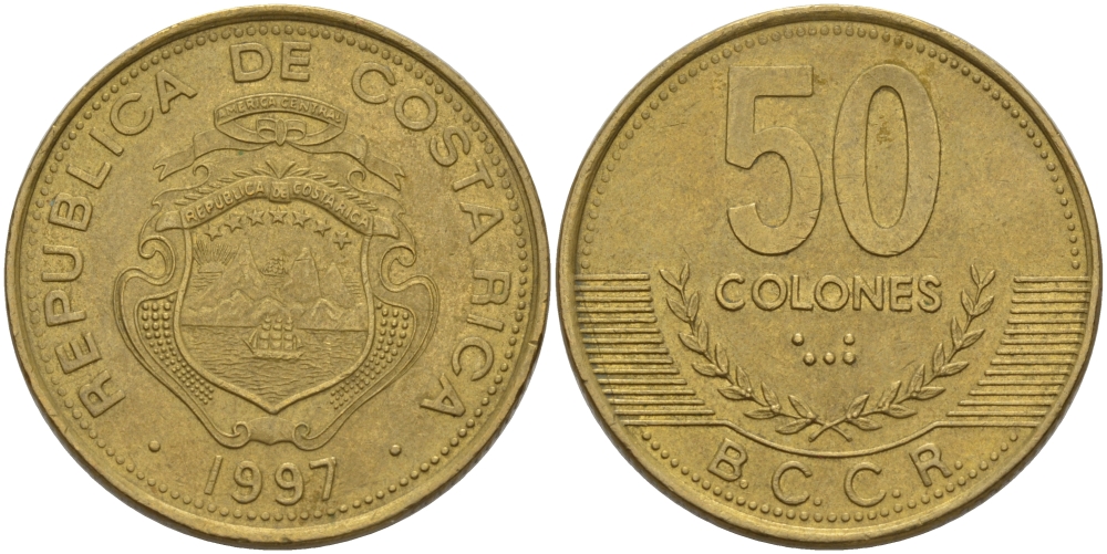 КОСТА-РИКА 50 КОЛОН 1997 а KM 231 латунь 82-211