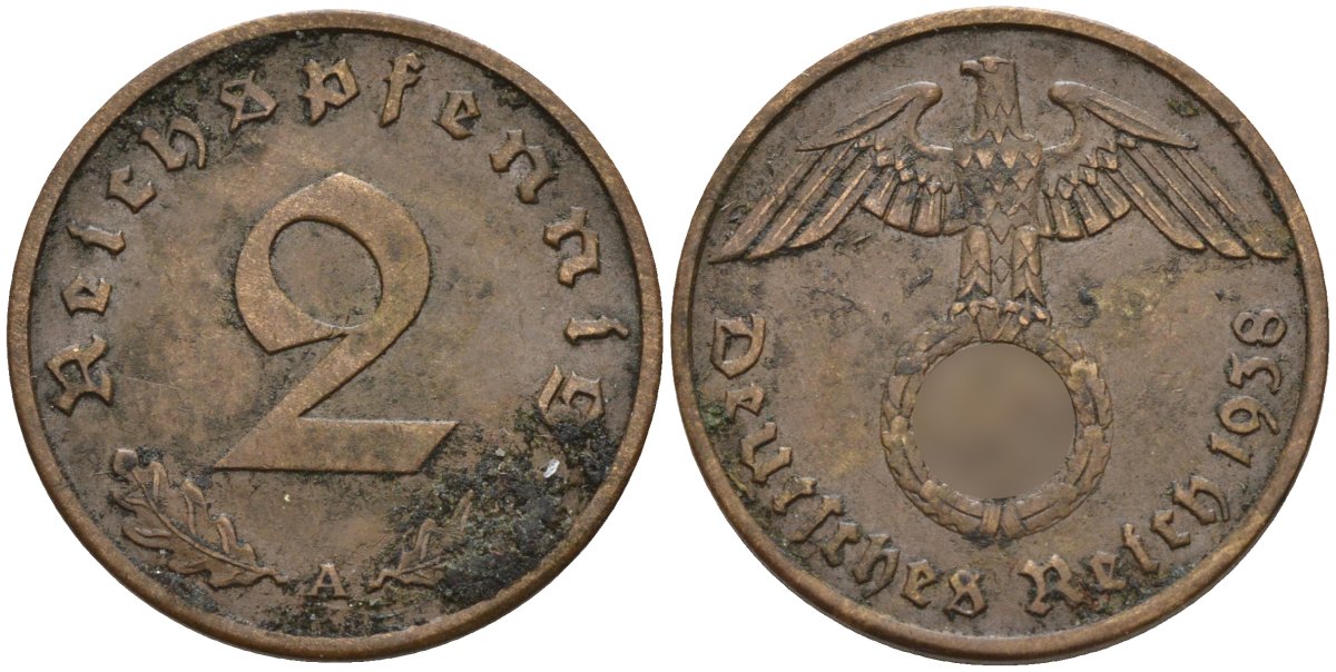Германия 2 рейхспфеннига 1938 A KM 90, J. 362 бронза 4147-1265