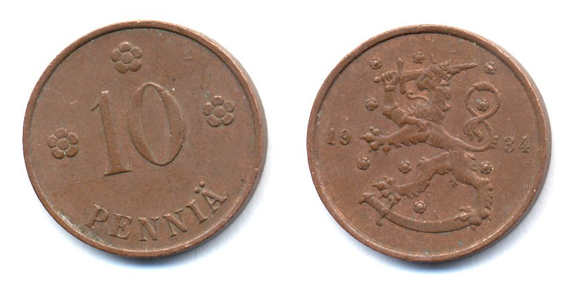 Финляндия 10 пенни 1934 республика (1918-1962) KM 24 медь 51-5346