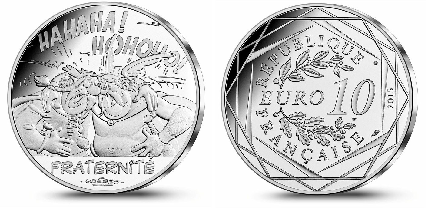 Франция 10 евро 2015 серия Астерикс и свобода, Жизнестатистикс (Abraracourcix) И Gueuselambix, в оригинальном буклете KM NEW серебро UNC 1-4-3-19