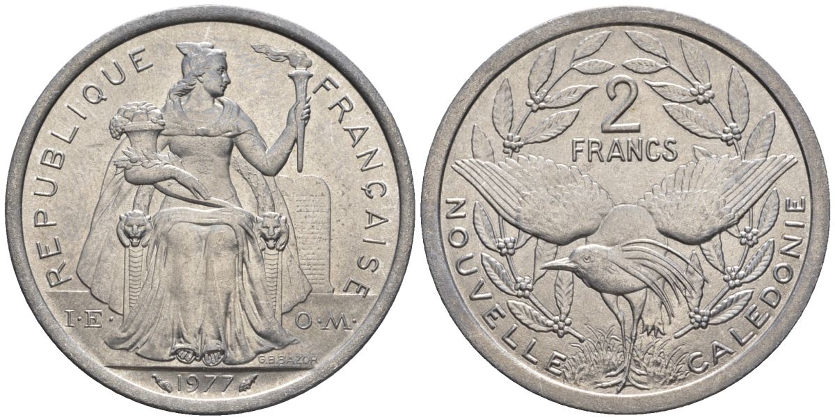 Французская Новая Каледония 2 франка 1977  KM 14 алюминий  UNC  4610-452