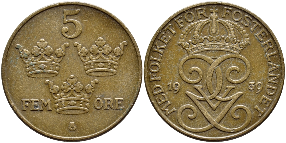Швеция 5 эре 1939 Густав V (1907-1950) KM 779.2 бронза 4394-936