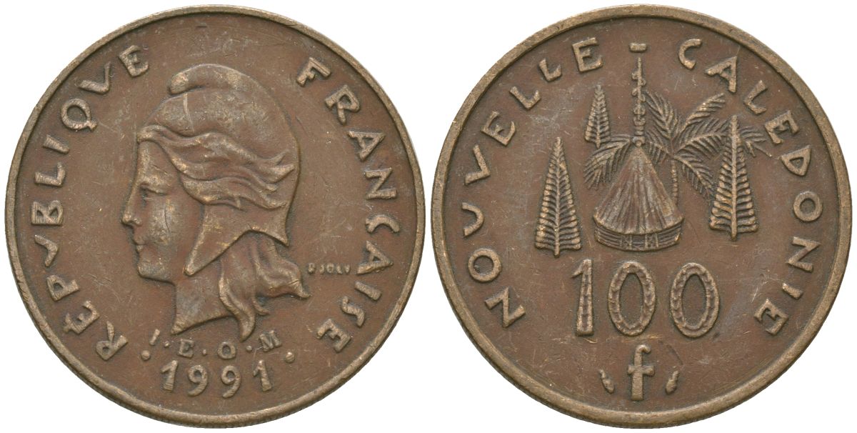 Французская Новая Каледония 100 франков 1991 хижина среди сосен и пальм, (IEOM) KM 15, Schoen 16, Lec 136 никель бронза 88-721