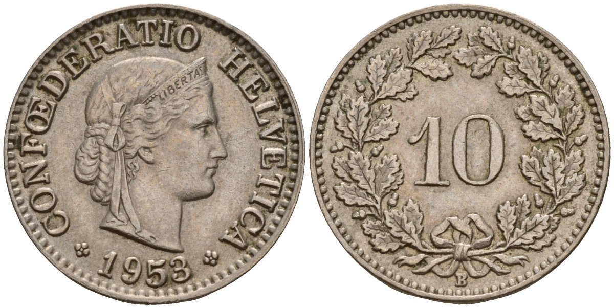 Швейцария 10 раппенов 1953 B KM 27 медно-никель 4189-347