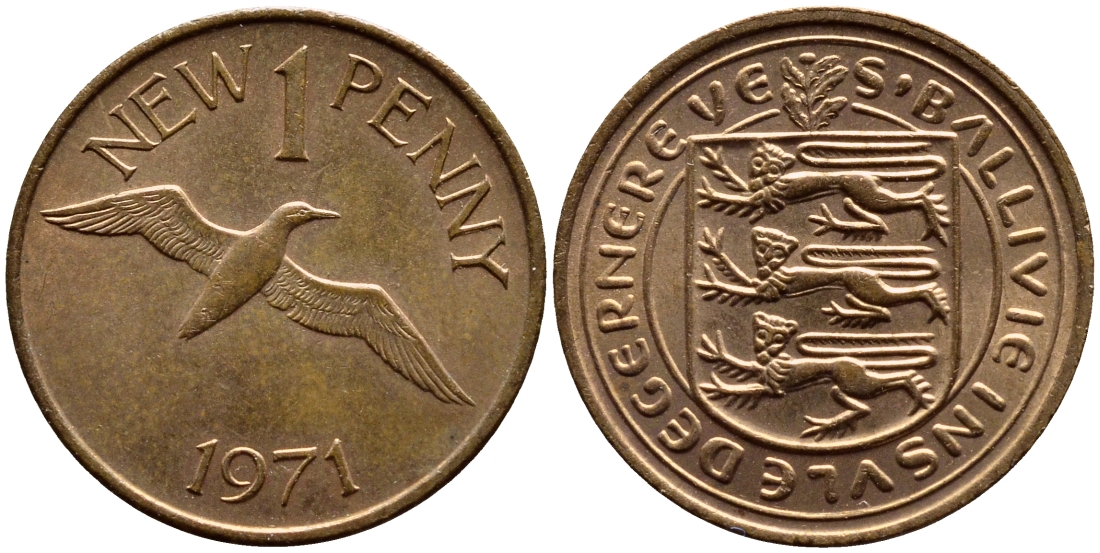 Гернси 1 пенни 1971 Елизавета II (1952-2022), северная олуша в полете KM 21 бронза UNC 53-121
