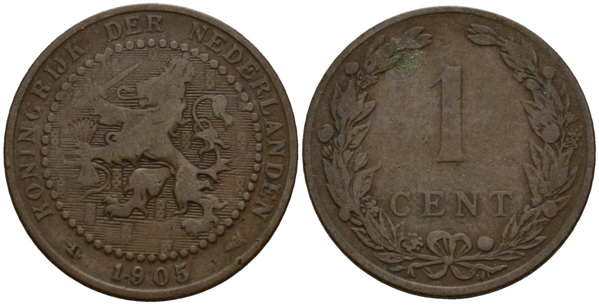 Нидерланды 1 цент 1905 Вильгельмина I (1890-1948) KM 132 бронза 4154-867
