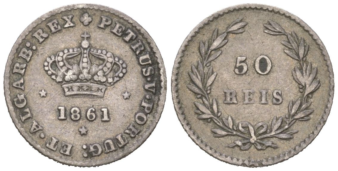 Португалия 50 реалов 1861 Педру V (1853-1861) KM 493 серебро 4611-253