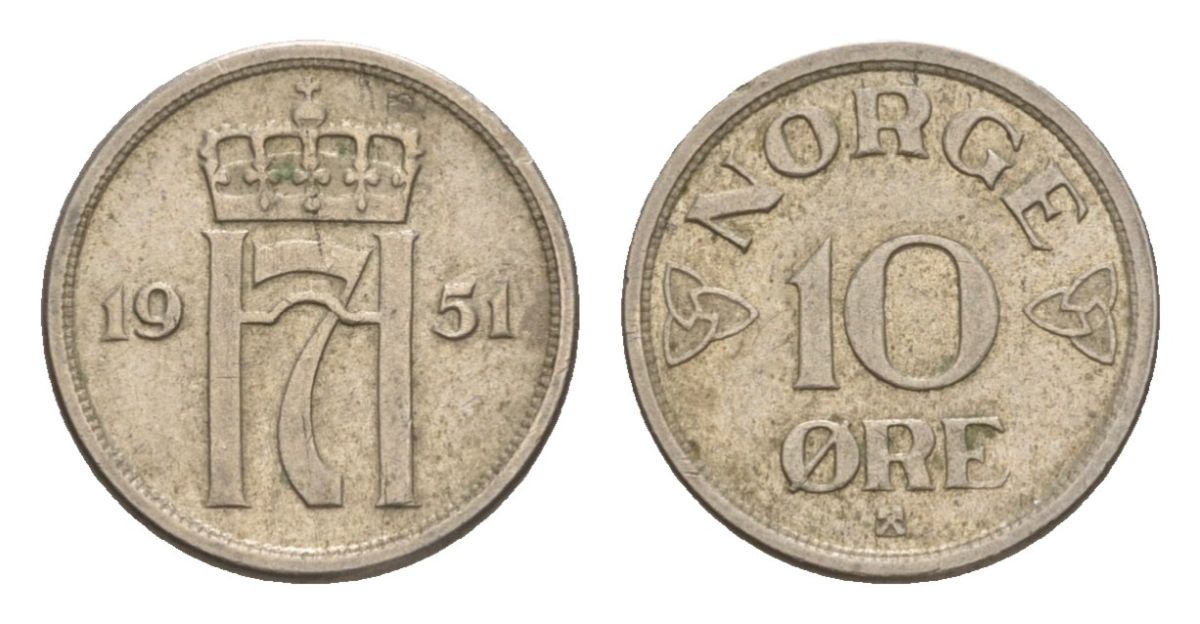 Норвегия 10 эре 1951 Хокон VII (1905-1957) KM 396 медно-никель 4632-1138