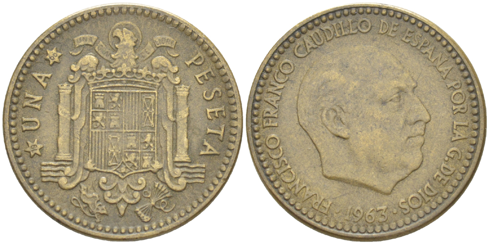 ИСПАНИЯ 1 ПЕСЕТА 1963 (66) ФРАНСИСКО ФРАНКО ДИКТАТОР ИСПАНИИ ( 1939- 1975) KM 775 алюминиевая бронза 216-611