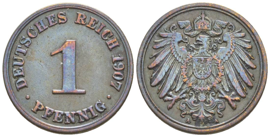 ГЕРМАНИЯ 1 ПФЕННИГ 1907 A KM 10, Jager. 10, Weege 2 медь 4528-1242