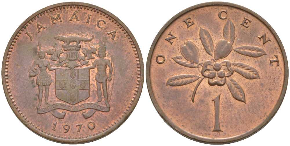 Ямайка 1 цент 1970 герб, фрукт аки KM 45 бронза 46-1817