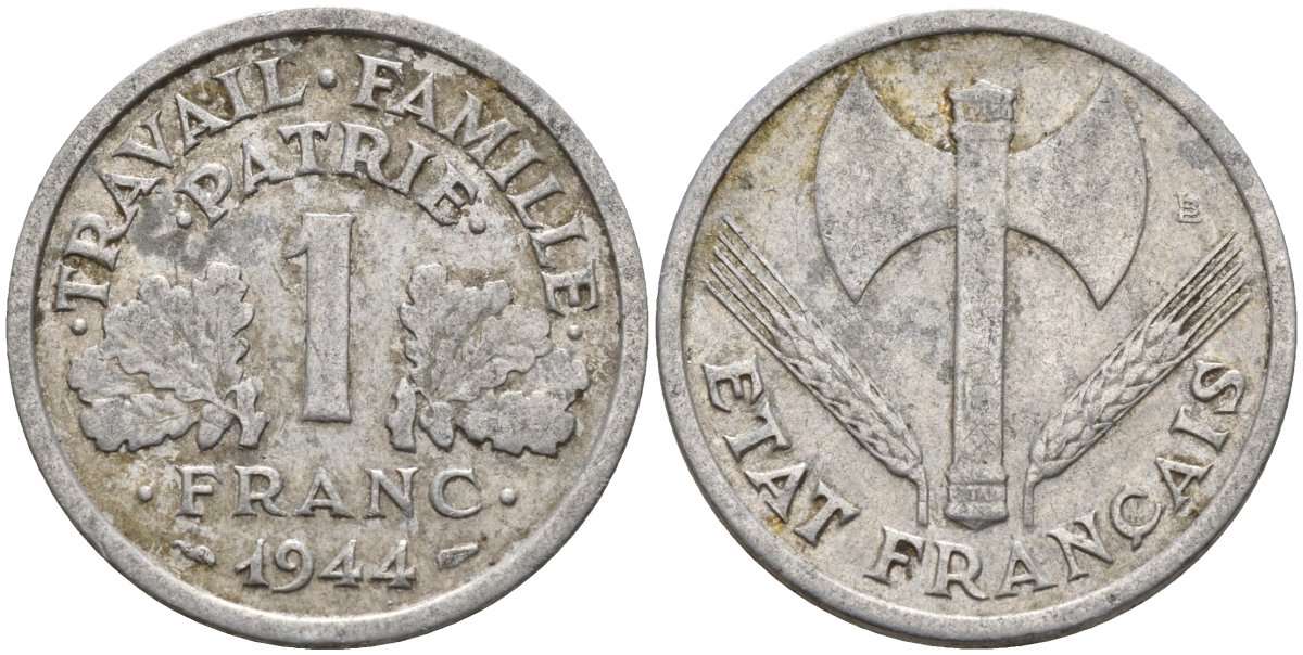 Франция 1 франк 1944 LB, тип Lourde, правительство Виши KM 902.1 алюминий 4142-942