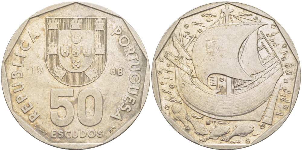 Португалия 50 эскудо 1988 парусник KM 636 медно-никель 4517-341