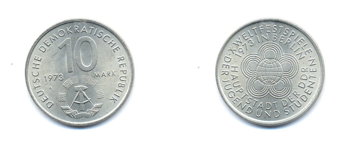ГДР 10 марок 1973 A, фестиваль молодежи и студентов 1973 года в Берлине KM 44, J. 1545 медно-никель 3333-136