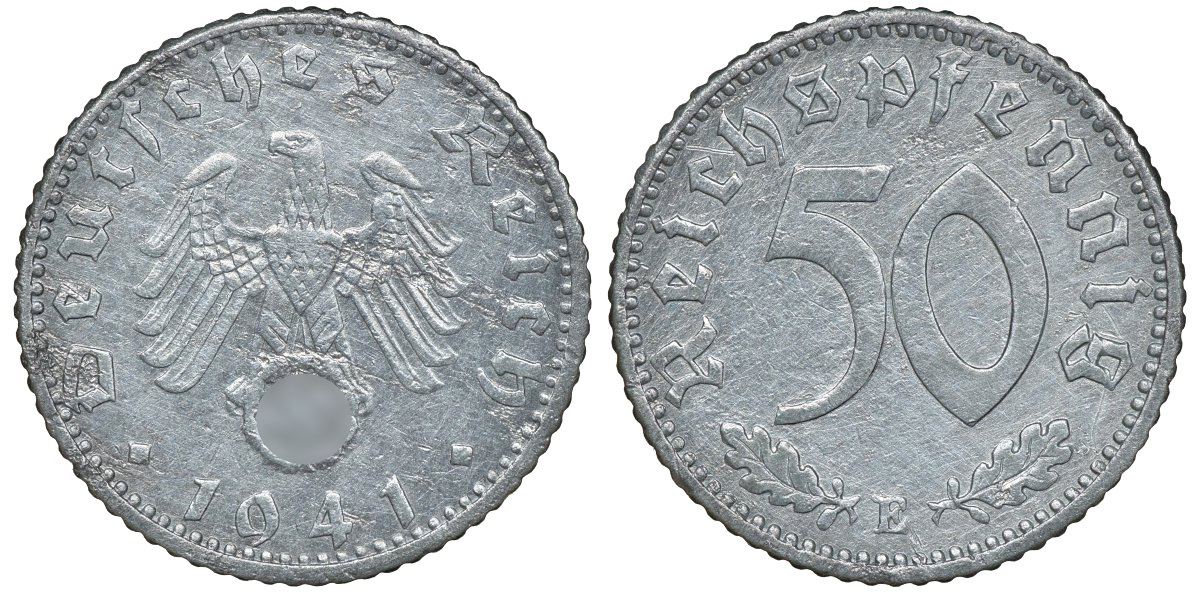 Германия 50 рейхспфеннигов 1941 E, цена по каталогу МТ 36 евро KM 96, J. 372 алюминий 72-1317